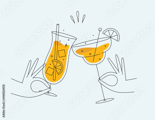 Obraz na płótnie Hand holding pina colada and margarita cocktails clinking glasses drawing in flat line style on light background w salonie