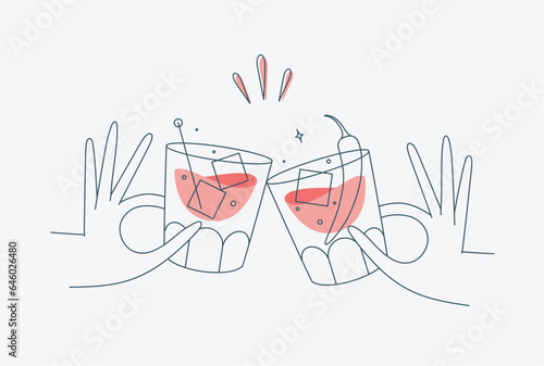 Hand holding whiskey and old fashioned cocktails clinking glasses drawing in flat line style