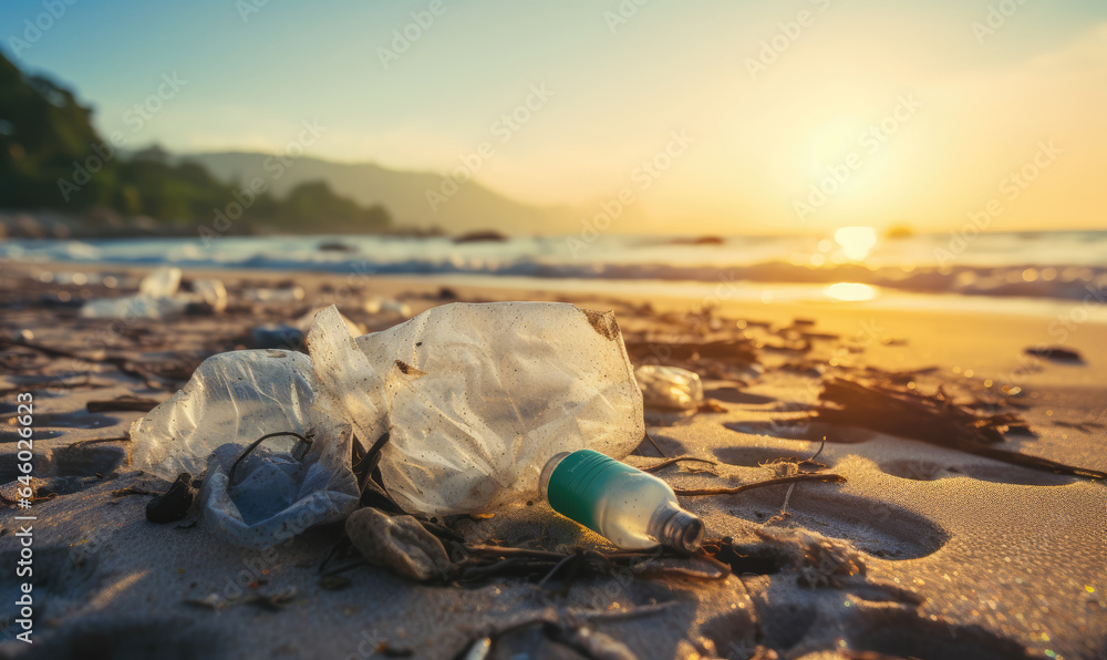 Shoreline tainted by plastic waste. Polluted beach with garbage. Stock ...