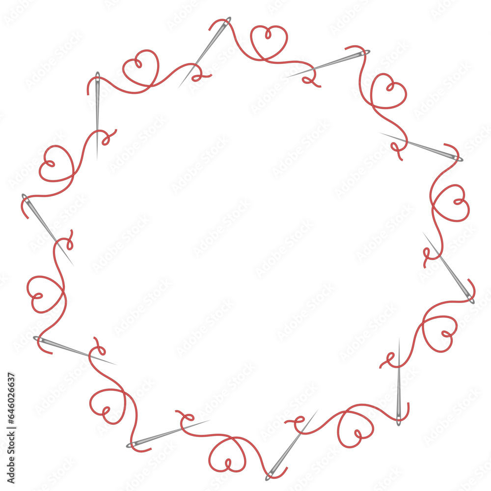 red rope heart with needle round frame