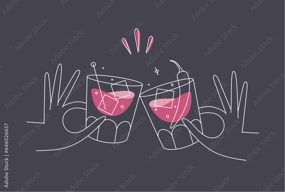 Hand holding whiskey and old fashioned cocktails clinking glasses drawing in flat line style on dark blue background