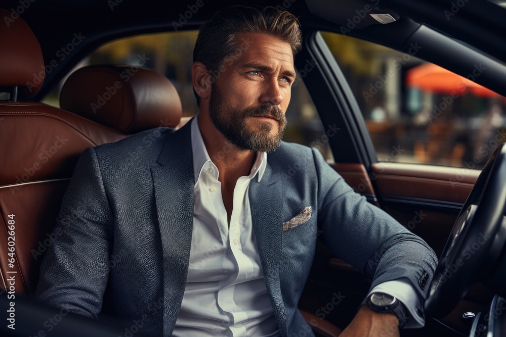 man in elegant clothes sits behind the wheel of a fine sports car man in elegant clothes sits behind the wheel of a fine sports car
