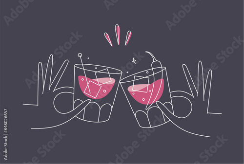 Obraz na płótnie Hand holding whiskey and old fashioned cocktails clinking glasses drawing in flat line style on dark blue background w salonie