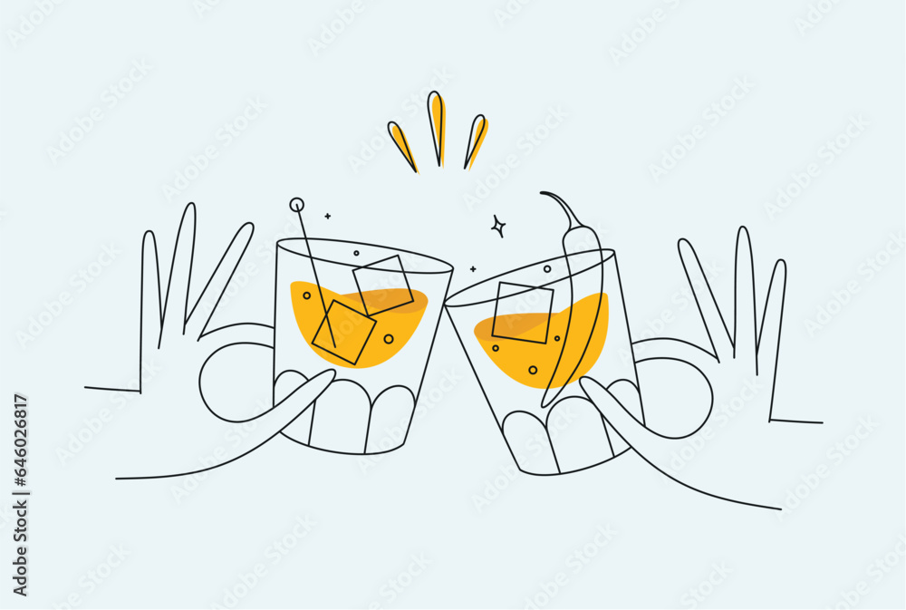 Hand holding whiskey and old fashioned cocktails clinking glasses drawing in flat line style on light background
