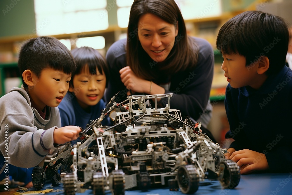 Coding at an Elementary female school teacher showcasing mechanical robot programming to youthful students.