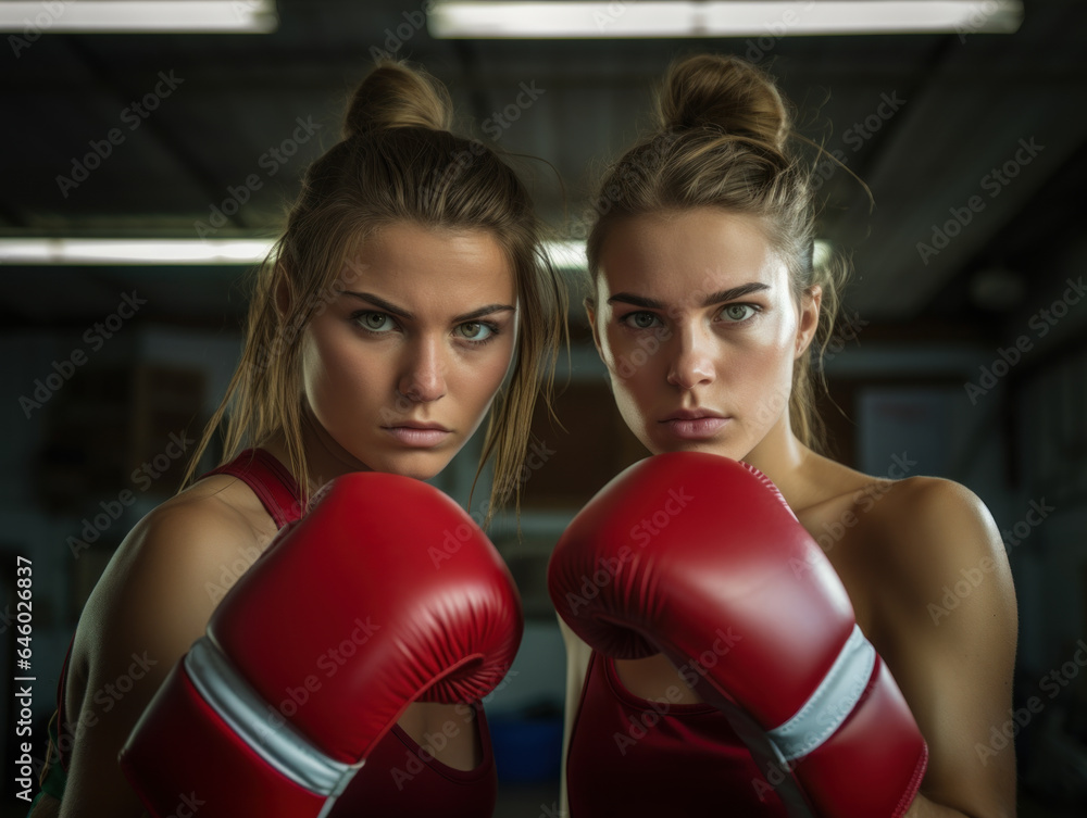 Portrait of two athletic beautiful female wearing boxing gloves close-up shot in training room