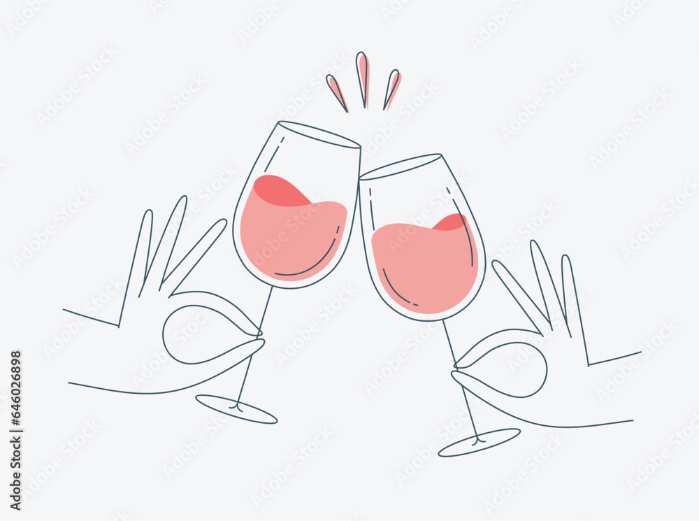 Hand holding wine clinking glasses drawing in flat line style