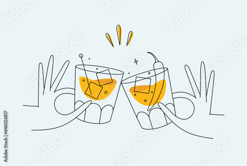 Obraz na płótnie Hand holding whiskey and old fashioned cocktails clinking glasses drawing in flat line style on light background w salonie