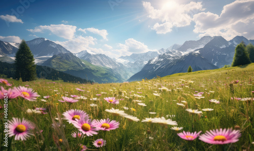 Serene alpine meadow filled with vibrant pink daisies, framed by snow-capped mountains and a clear blue sky. © smth.design