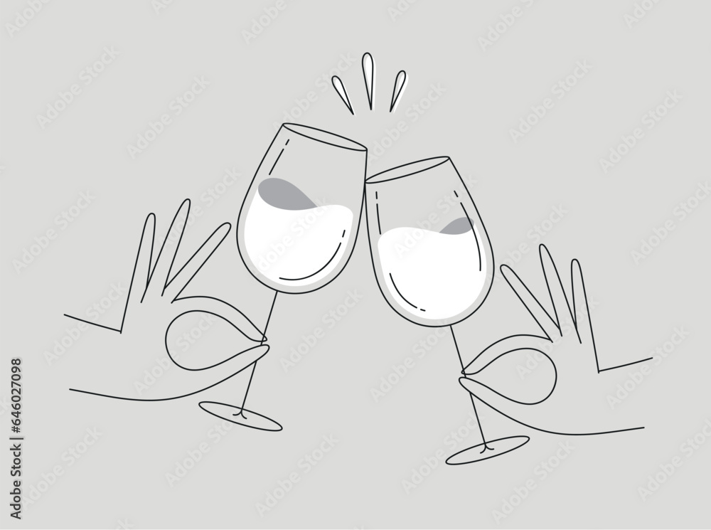 Hand holding wine clinking glasses drawing in flat line style on grey background
