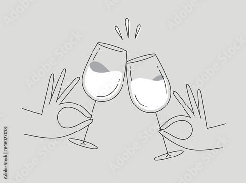 Hand holding wine clinking glasses drawing in flat line style on grey background