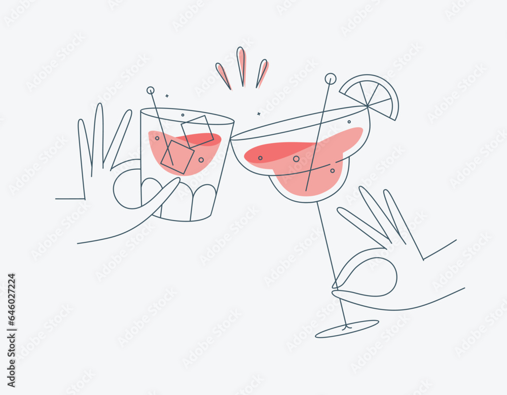 Hand holding whiskey and margarita cocktails clinking glasses drawing in flat line style on beige background