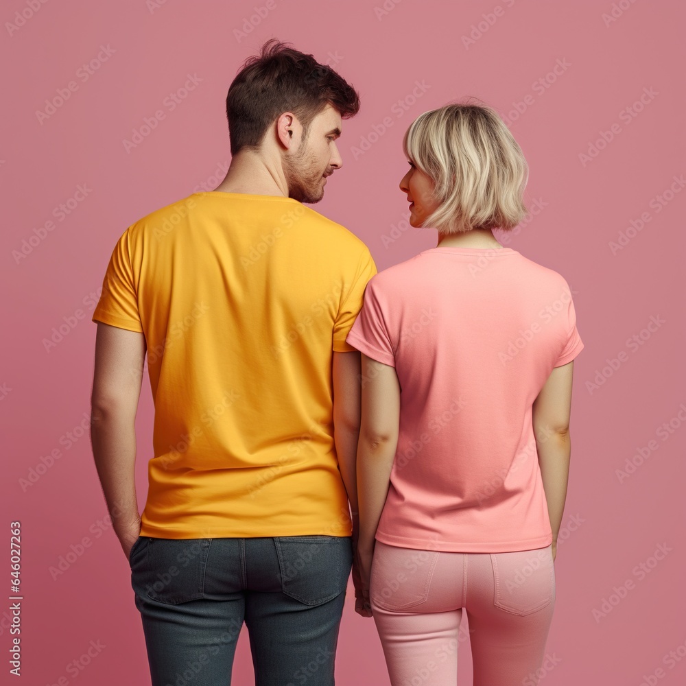 Fototapeta premium Illustration of a fashion portrait with plain t-shirt mockup, AI Generated