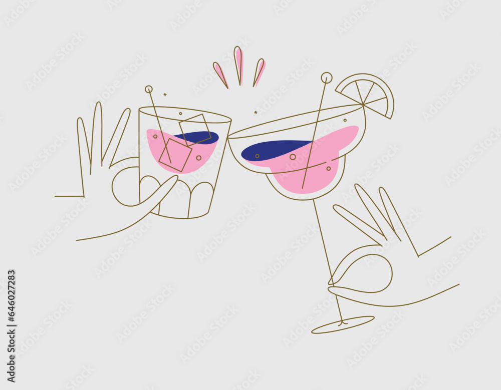 Hand holding whiskey and margarita cocktails clinking glasses drawing in flat line style on beige background