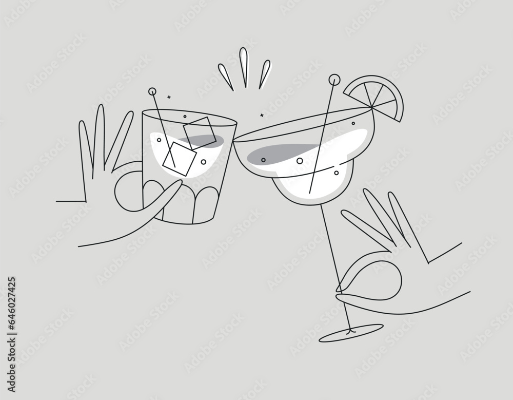Hand holding whiskey and margarita cocktails clinking glasses drawing in flat line style on grey background
