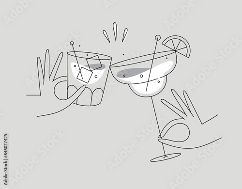 Obraz na płótnie Hand holding whiskey and margarita cocktails clinking glasses drawing in flat line style on grey background w salonie
