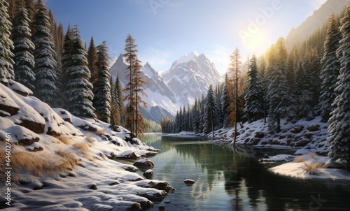 beautiful natural scenery. Lake, snow mountain, forest in a sunny winter day.