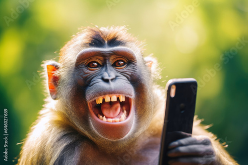 Smiling monkey taking a selfie with smartphone, green sunny background Fototapet