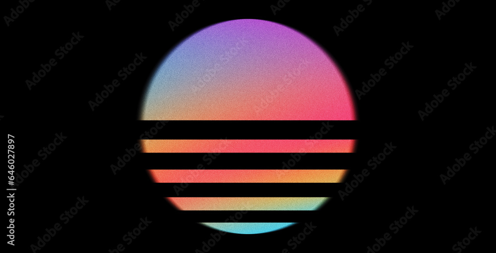 Retro sun in 80`s style. Vaporvave, retrowave, synthwave futuristic background with sunset. Trendy design for sci-fi, cyber abstract poster, print. Abstract pastel holographic blurred grainy gradient 