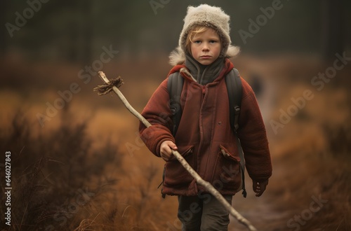 Naturalist Aesthetic: Little Boy's Wooden Spear Adventure