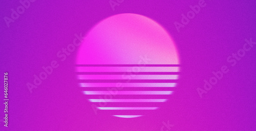 Retro sun in 80`s style. Vaporvave, retrowave, synthwave futuristic background with sunset. Trendy design for sci-fi, cyber abstract poster, print. Retro striped sun with soft grainy texture © Kateryna