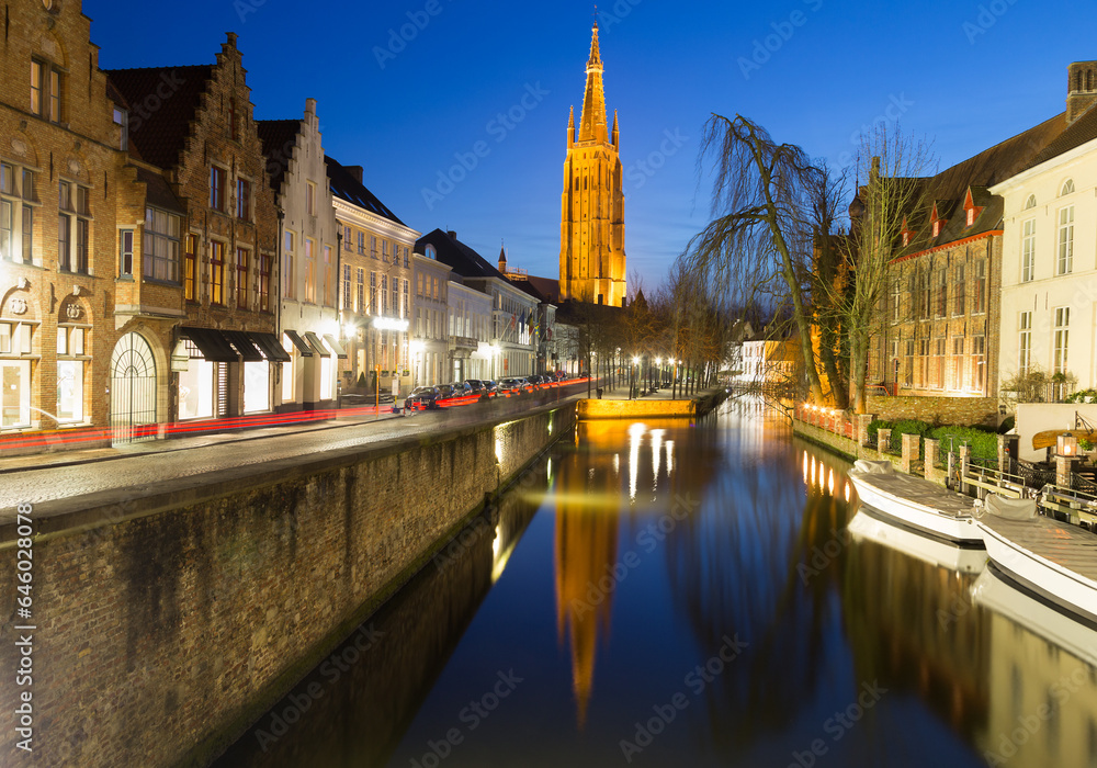 Dijver and Church of Our Lady Bruges at Dusk