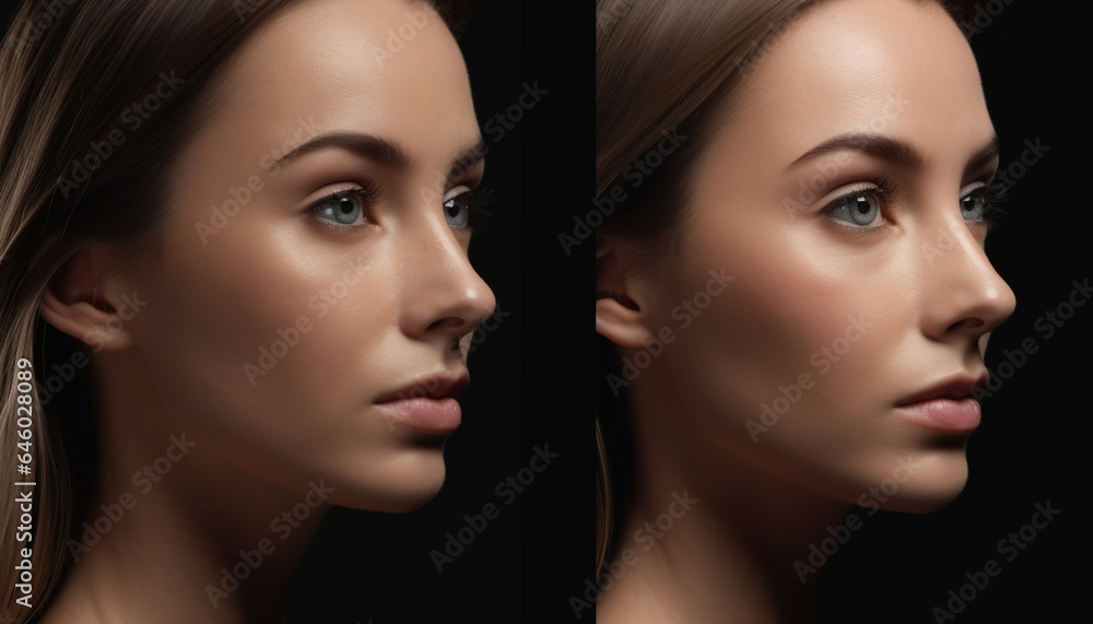 Beautiful woman with blue eyes exudes elegance and sensuality indoors generated by AI Beautiful woman with blue eyes exudes elegance and sensuality indoors generated by AI