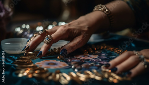 One elegant woman making a shiny gemstone bracelet indoors generated by AI