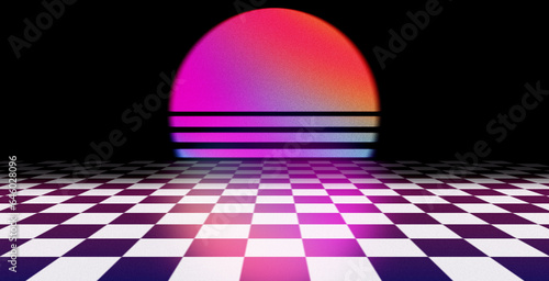 Vaporwave landscape with retro sunset, sun and checked floor. 80s or 90s style aesthetic art poster with retro grainy style. Soft texture vintage poster. Pattern with black and white checkered floor