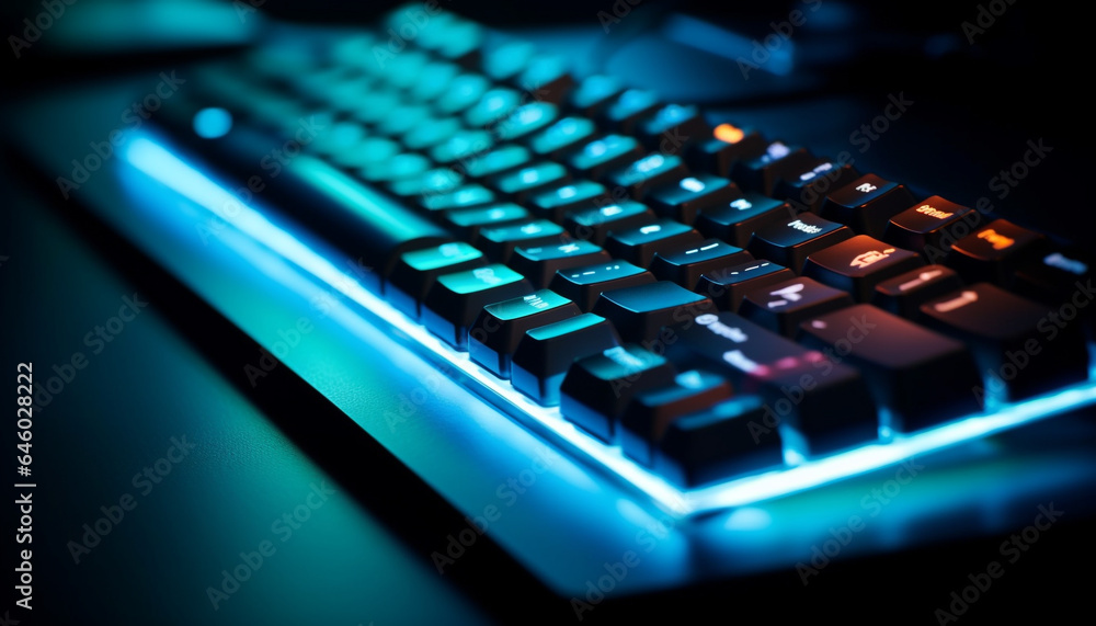 Global communication illuminated through computer keyboard, wireless technology and internet generated by AI