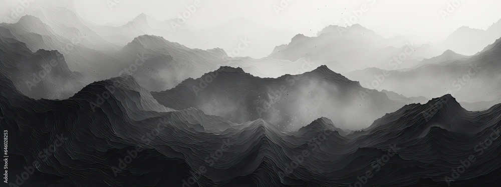 Fototapeta panorama of the majestic mountain range in monochrome beauty, black and white background, graphic concept with shape of valley, dark visual art, landscape with fog, panorama wallpaper, AI
