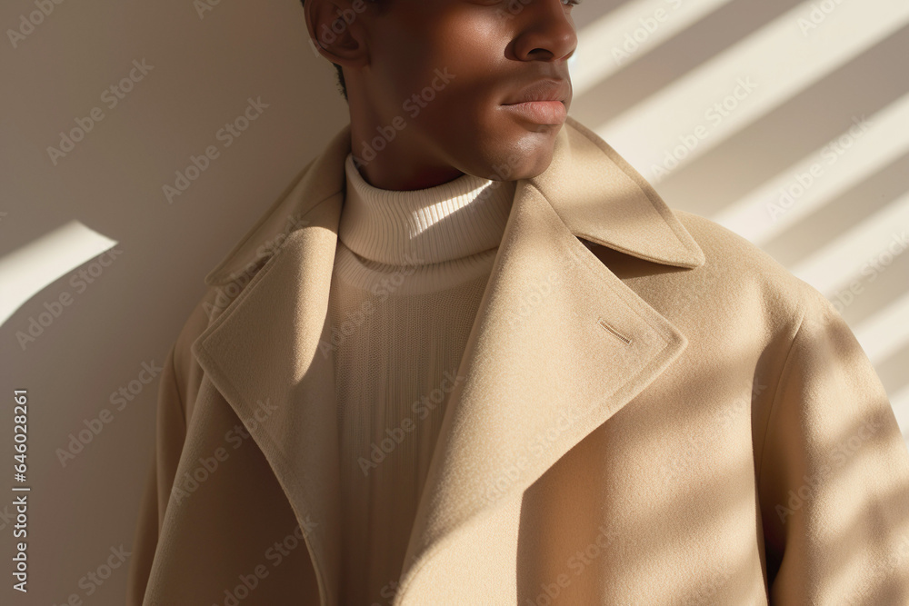 A well-dressed man wearing a camel-colored coat basking in the warm sunlight of autumn