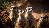 A cute meerkat family sitting in a row, watching outdoors generated by AI