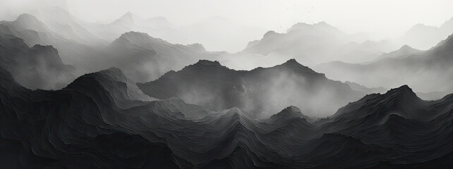 Leinwandbilder Schwarz panorama of the majestic mountain range in monochrome beauty, black and white background, graphic concept with shape of valley, dark visual art, landscape with fog, panorama wallpaper  © THINGDSGN