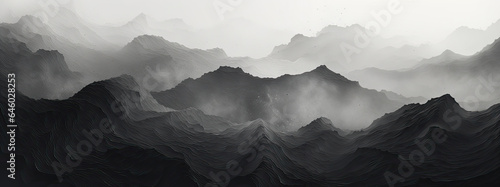 panorama of the majestic mountain range in monochrome beauty, black and white background, graphic concept with shape of valley, dark visual art, landscape with fog, panorama wallpaper, AI photo