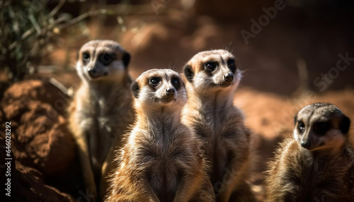 A cute meerkat family sitting in a row, watching outdoors generated by AI