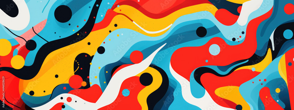 illustration of an abstract painting with vibrant colors and diverse shapes, blue, yellow, red, colorful design pattern, imaginative wallpaper, AI