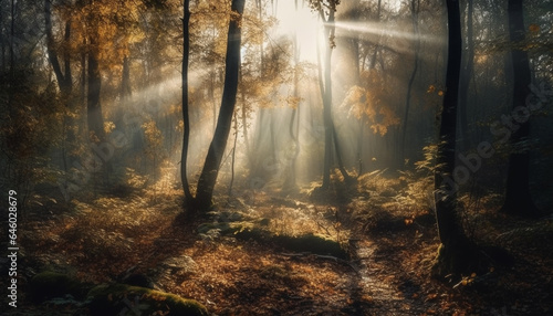 A spooky autumn dawn, mystery in nature tranquil wilderness scene generated by AI © Stockgiu