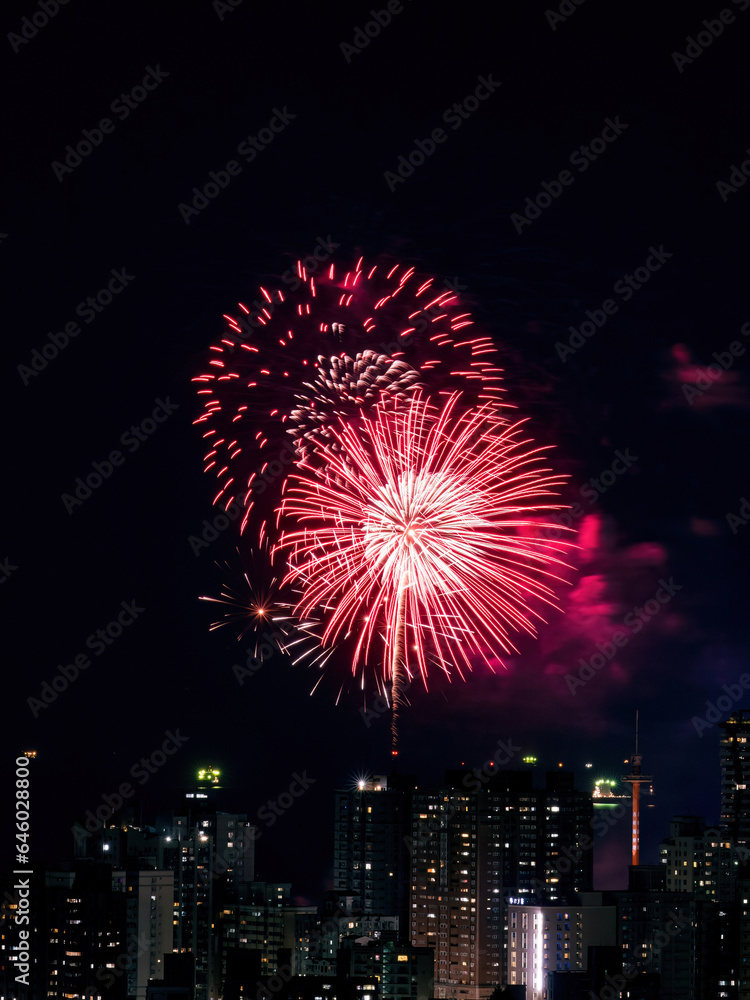 Fireworks in the city at night time. Fireworks in the city at night time.
