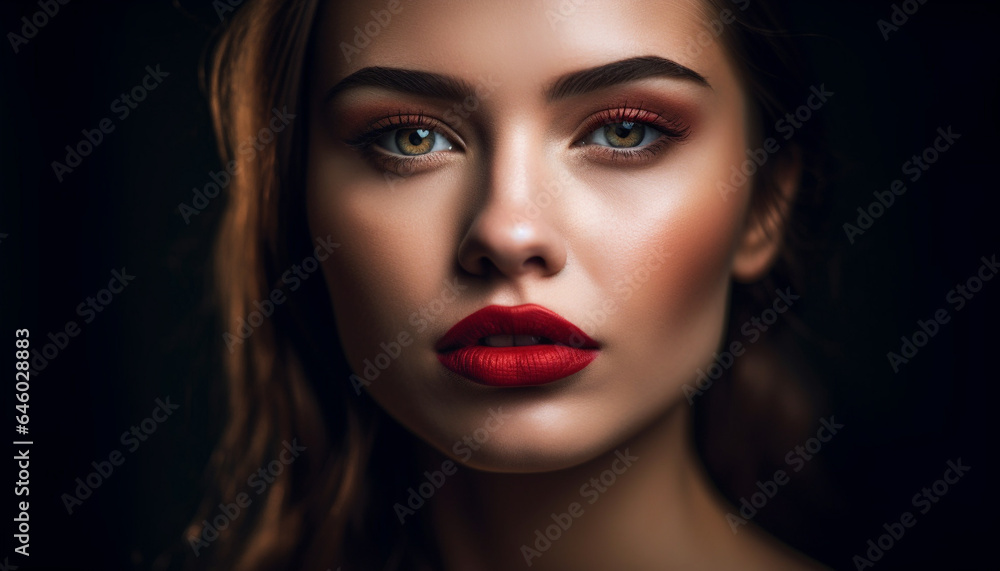 Fototapeta premium Beautiful woman with long, shiny blond hair and red lipstick generated by AI