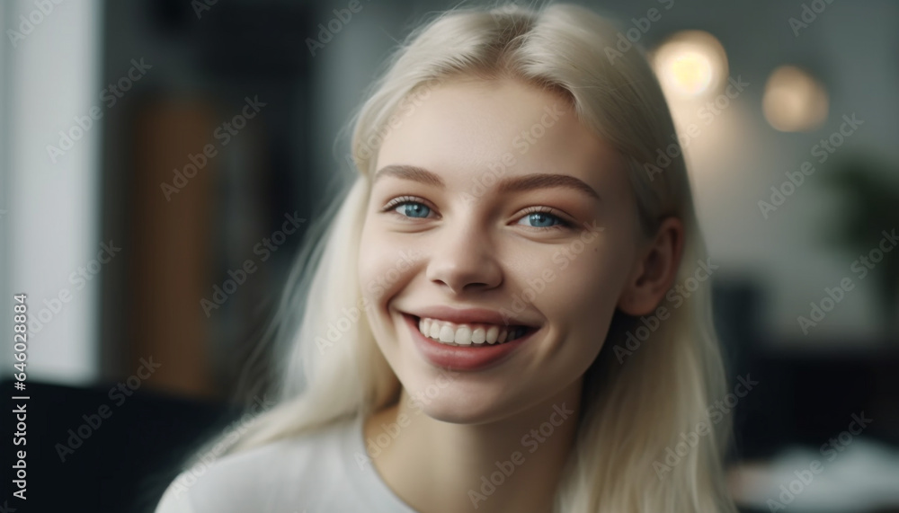 Confident young woman with a toothy smile exudes happiness indoors generated by AI Confident young woman with a toothy smile exudes happiness indoors generated by AI