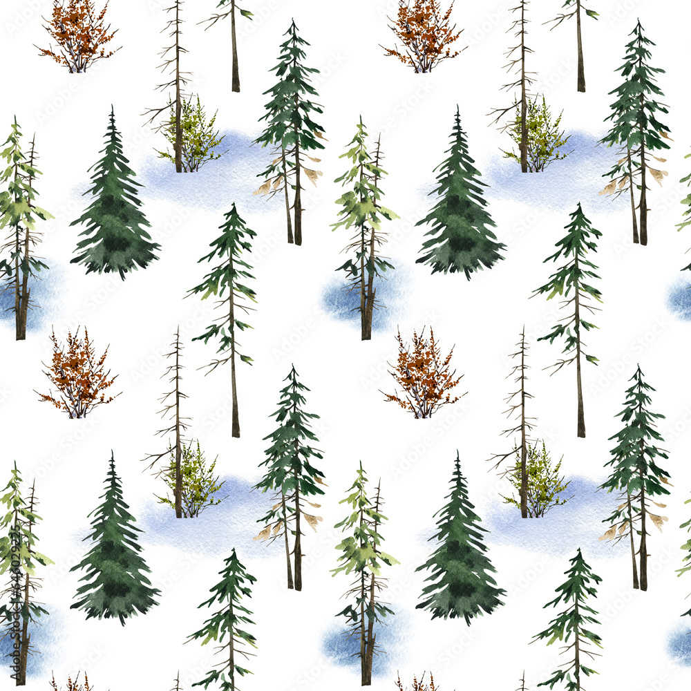 Watercolor green tree seamless pattern, Winter forest, Nature background