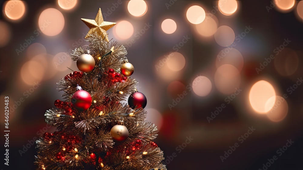 Christmas tree and Christmas lights on bokeh and blurred background. decorations, xmas, celebrate new year happy festival, party, gift, present, card, happiness, countdown, gift box