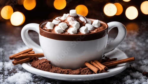 Hot Chocolate Cacao Cocoa White Brown Cup with Whipped Cream on White Plate with Chocolate Powder, Cinnamon Sticks and Snow Winter Table. Background Christmas Golden Bokeh Lights Backdrop Menu Banner 
