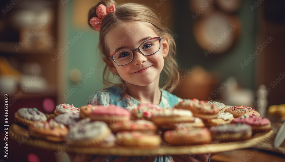 Cute Caucasian girl enjoys baking homemade cupcakes with sweet decorations generated by AI