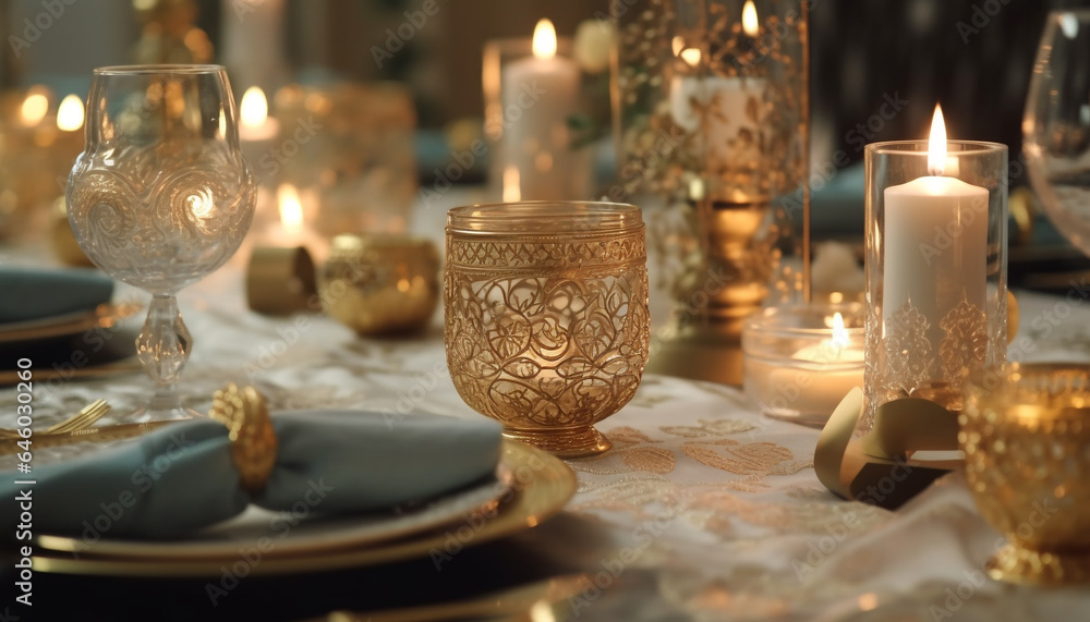 Elegant table setting with candlelight and wineglass for celebration generated by AI Elegant table setting with candlelight and wineglass for celebration generated by AI