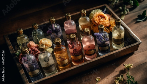 Aromatherapy tincture collection in antique glass jars for relaxation generated by AI