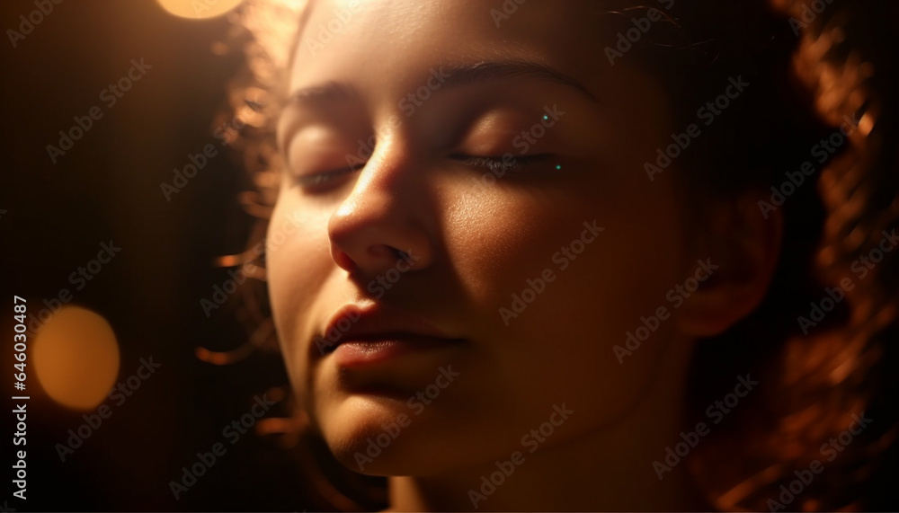 Serene young woman finds relaxation in nature sensuality at sunset generated by AI