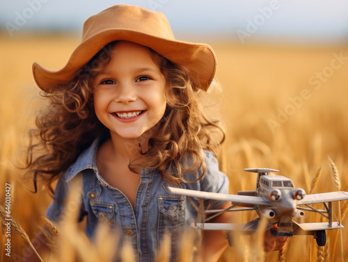 Slika na platnu Little smiling girl playing with a toy airplane in the grain field