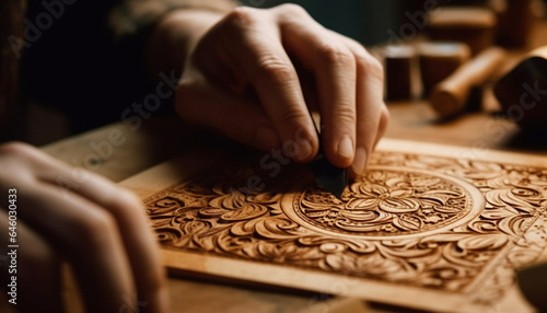 The skilled carpenter hand carves an antique wooden decoration generated by AI